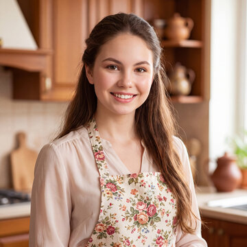 Happy housewife in an apron posing in the kitchen