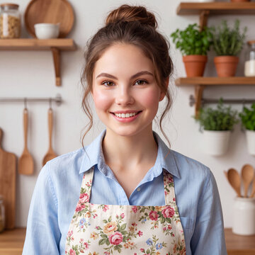 Happy housewife in an apron posing in the kitchen