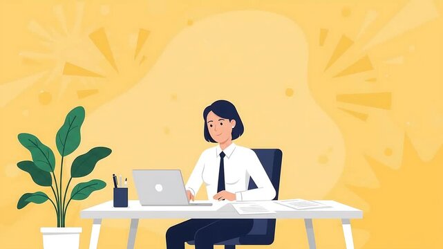 Businesswoman gets a brilliant idea while working on laptop at office desk, eureka moment animation
