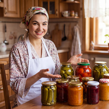 A happy housewife shows off her preparations for the winter