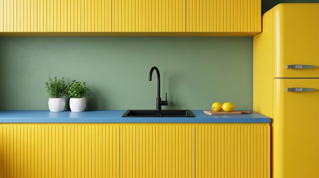 Minimalist kitchen interior featuring yellow cupboards, a blue counter, and a matte green wall.