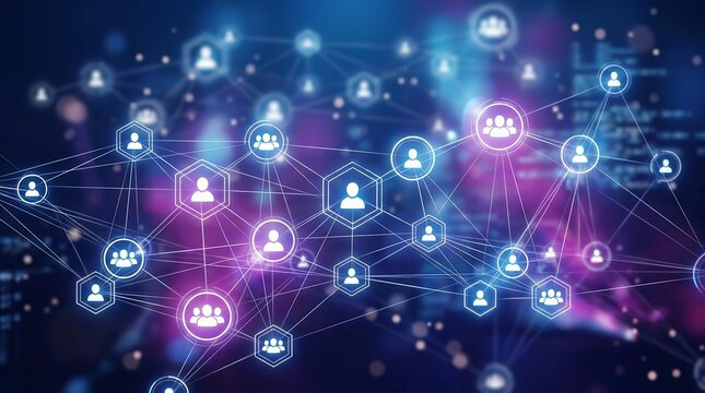 Conceptual social network interface with people symbols linked by thin lines in a blue and purple gradient.