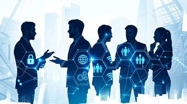 A professional business team using a digital interface amidst a city skyline background.