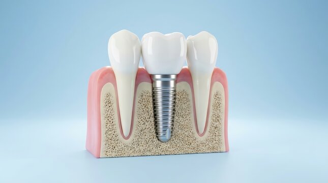 Medical illustration of a dental implant screw being inserted into the jaw bone.