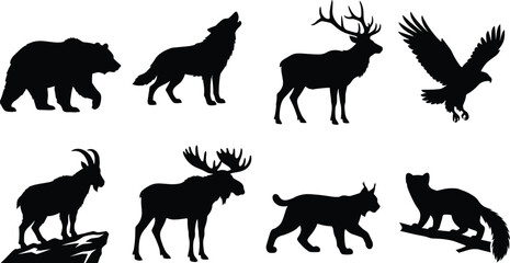 Obraz premium Set of wild animal silhouettes including bear wolf deer eagle goat moose lynx and marten isolated on white background for graphic design