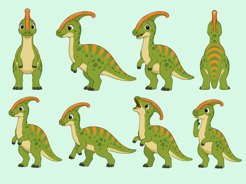 Cute Parasaurolophus Dinosaur Character Sheet Vector Illustration