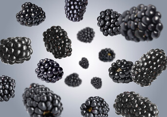 Fresh blackberries spinning in air against grey gradient background © New Africa
