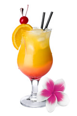 Refreshing cocktail and plumeria flower on white background © New Africa