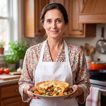 Portrait of a charming housewife in an apron in the kitchen, holding a ready-made homemade dish in her hands.