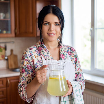 Happy housewife in an apron holding homemade lemonade in a jug