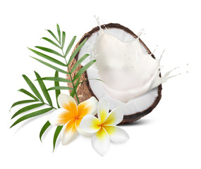 Coconut half with splashing milk, plumeria flowers and green leaves isolated on white © New Africa