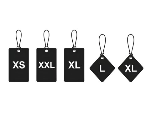 Black clothing size tags with xs xxl xl and l labels on white background