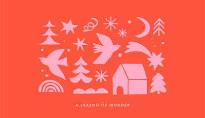 Obraz premium Vintage season of wonder red and pink Christmas background in Nordic folk style with hand drawn birds, trees, stars, snowflakes and winter house.