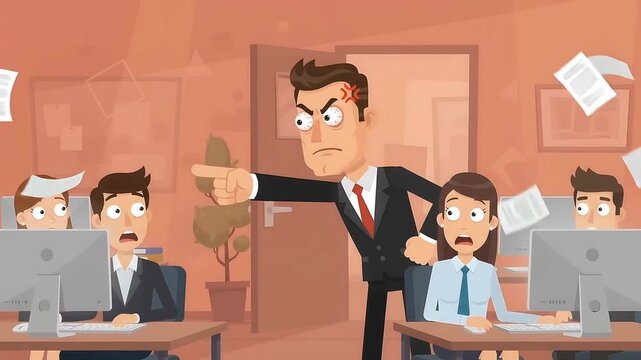 Angry Boss Yelling at Scared Employees in Office, Workplace Stress and Conflict