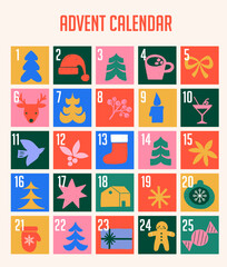 Obraz premium Colorful Christmas advent calendar with with festive holiday icons. Retro vector illustration.