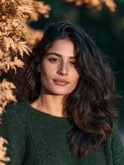 Fototapeta premium Portrait of a young woman with long, wavy hair. she is standing in front of a tree with autumn leaves in the background.
