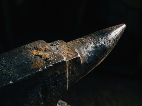 Anvil horn detail with worn forged metal in dramatic light