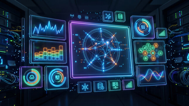 3D Glass UI Cloud Server Monitoring Dashboard and Analytics Concept