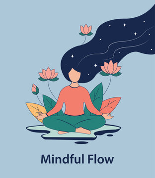 Mindful Flow Vector Illustration of Woman Meditating Lotus Pose with Flowers, Stars and Peaceful Nature Concept
