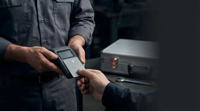 Mechanic takes payment with card reader in workshop