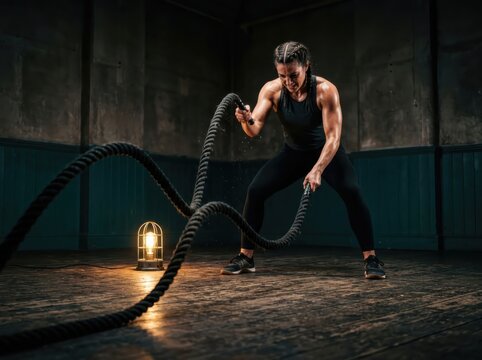 Battle ropes workout woman training in a moody dark gym