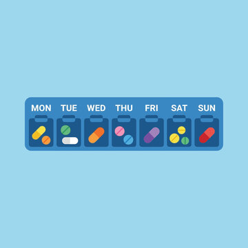 Illustration of a weekly pill organizer with various pills inside.