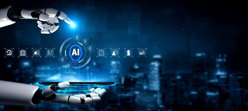 A robotic hand reaches toward an AI display on a smartphone, symbolizing the future of technology and innovation in a city-themed digital environment. Nascent
