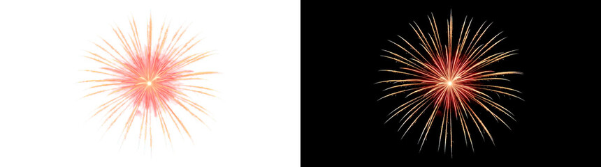 Fototapeta premium Aerial Firework Explosion Burst with Radiant Red and Golden Streamers Effect Overlay Isolated on Transparent Background