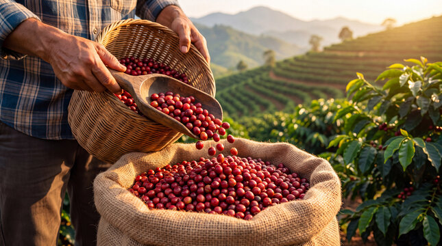 An engaging scene of a farmer pouring freshly picked coffee cherries into a basket, set against a picturesque backdrop of lush hills and a sunset glow.