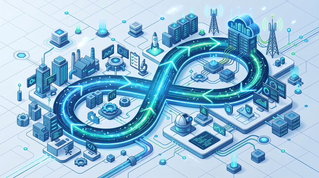 Isometric DevOps Cloud Infrastructure and Continuous Integration Concept