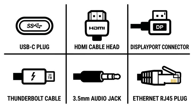 Computer cables and hardware connectors collection showing various ports and plugs.