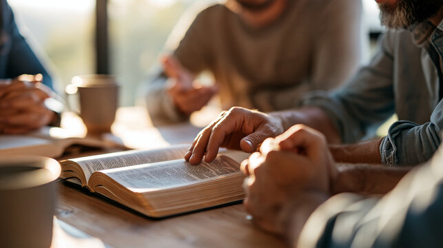 Overhead view of a group of men studying an open Bible together around a wooden table in a bright clean room faces out of frame soft natural light through windows communal faith prayer