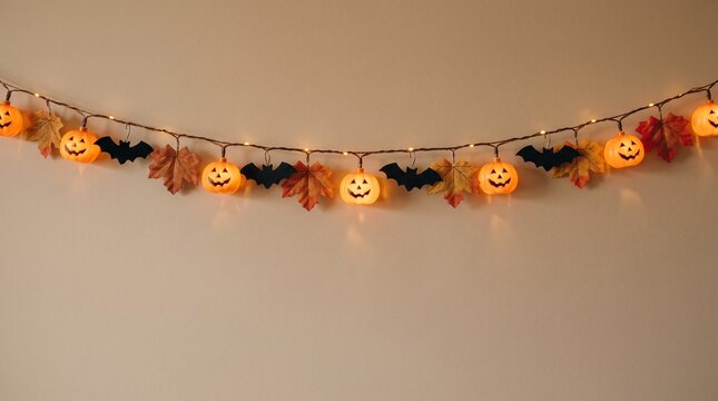 A festive string of glowing jack o lantern pumpkin lights and black bats for halloween home decoration