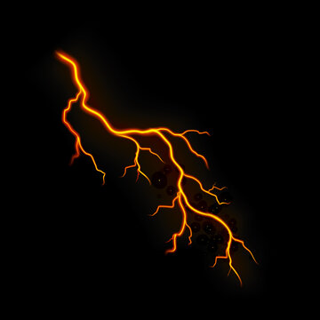 A bright orange lightning bolt isolated on a black background featuring a dramatic glowing light effect design