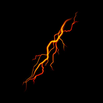 A vibrant orange lightning bolt isolated on a black background featuring a dynamic glowing light effect design