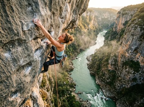 Cliffside rock climbing adventure above river canyon