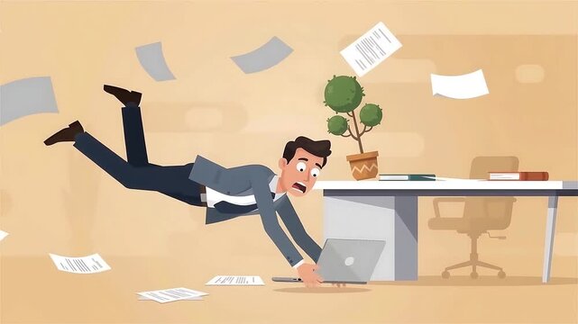 Animated Businessman in Panic Trying to Save Laptop and Documents from Strong Wind in Office