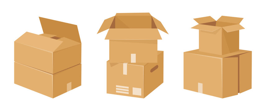 Cardboard box collection. Open and closed shipping cartons for parcels, moving or storage flat vector illustration set. Packaging and moving supplies