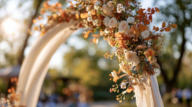 Wide view of an autumn inspired wedding arch decorated with seasonal florals and foliage in a bright outdoor setting soft natural daylight clean open venue wedding ceremony backdrop