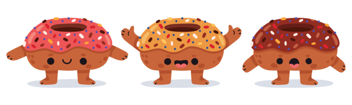 Cute donut characters. Chocolate and glazed donuts with smiling faces and emotions flat vector illustration set. Cheerful bakery food