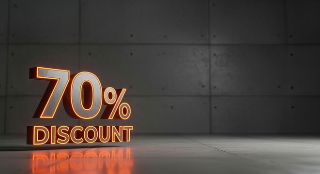 Three Dimensional Bold 70 Percent Discount Sign Isolated With Vibrant Orange Glow Light Effects.
