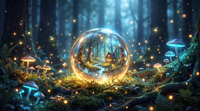 A captivating image featuring a tiny house nestled in a magical forest within a translucent glass sphere, evoking themes of fantasy and whimsical exploration.