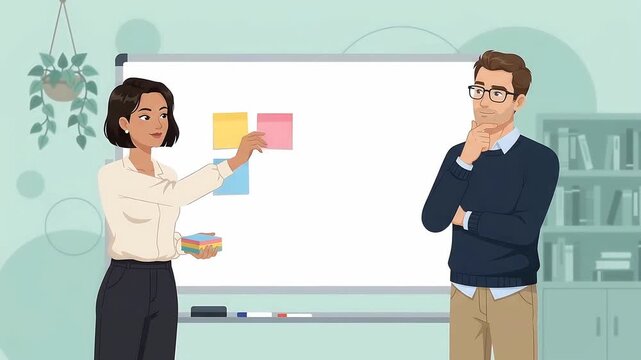 Business colleagues brainstorming ideas using colorful sticky notes on a whiteboard in a collaborative office setting