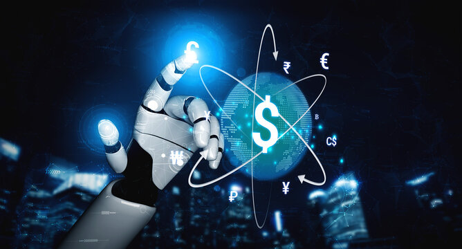 Futuristic Robo Hand Interacting with Global Currency Symbols and Financial Concepts in a Digital Network Environment. Sentient.