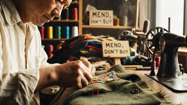 Man stitching colorful patch on old jacket sustainably