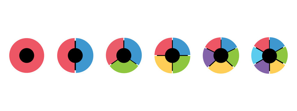 Set of colorful circular donut charts with one to six segments for business data infographic design