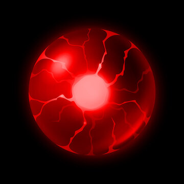 A glowing red orb featuring a dynamic electric light effect isolated on a deep black background