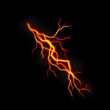 A bright orange lightning bolt isolated on a black background featuring a dynamic glowing light effect design