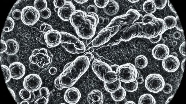 Microscopic view of biological cells dividing and interacting in a laboratory environment, scientific research and medical analysis concept