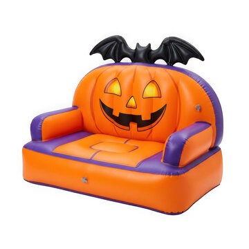 Inflatable halloween pumpkin sofa with bat wings isolated on transparent background